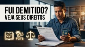 Trabalhador consultando documentos de rescisão para saber quais são seus direitos trabalhistas após demissão.