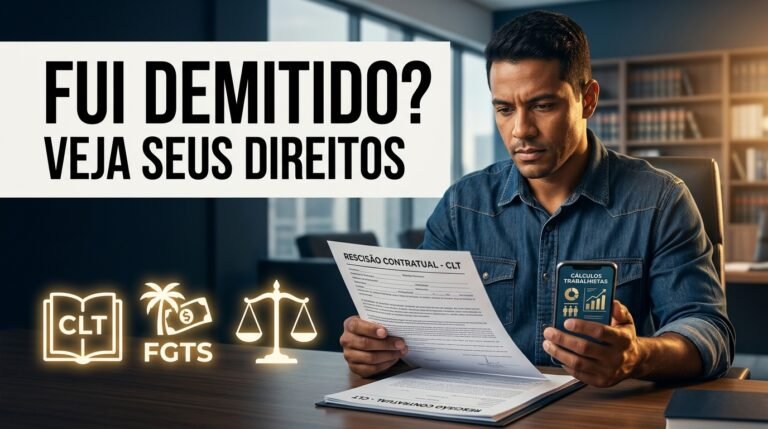 Trabalhador consultando documentos de rescisão para saber quais são seus direitos trabalhistas após demissão.